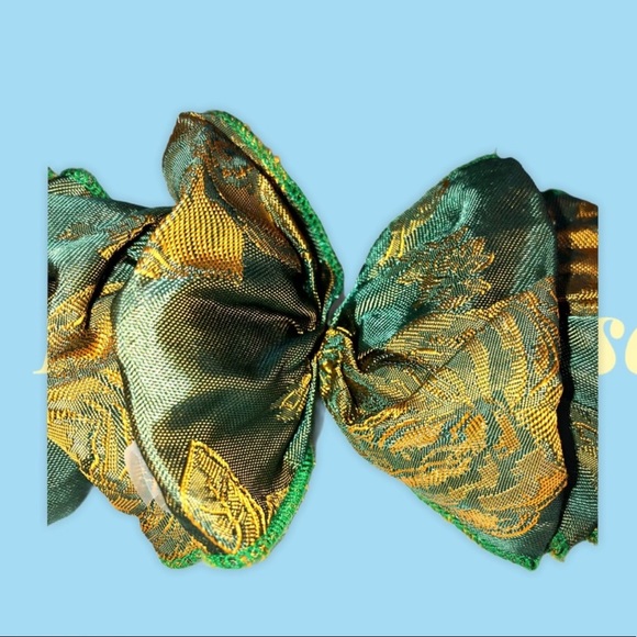 Handmade Big Hair Bow Asian Print Green Gold Metal Clip Barrette Vintage Persian - Picture 2 of 10